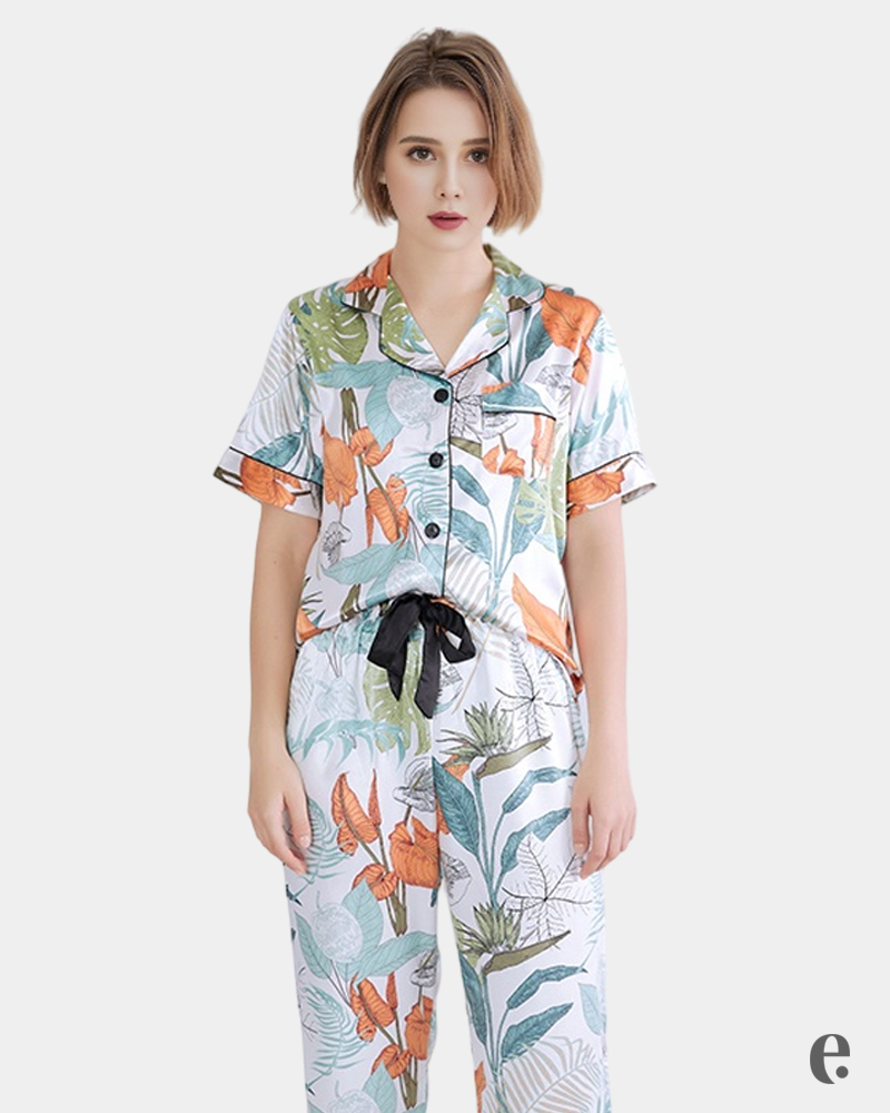 Printed Leaf Satin Pajama Set