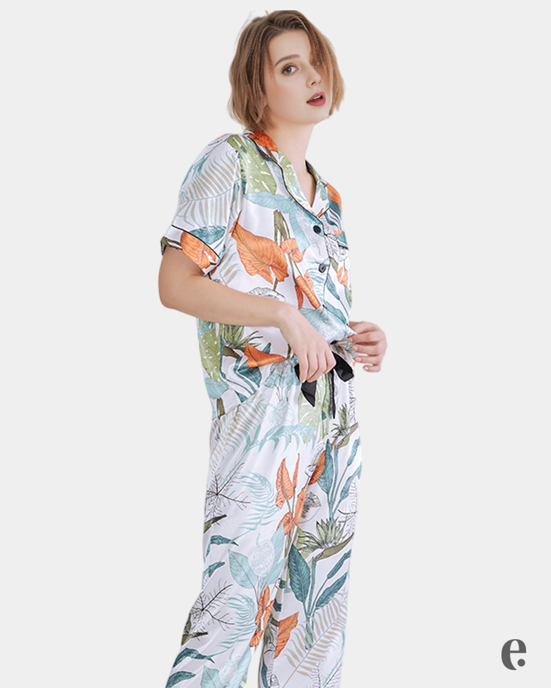 Printed Leaf Satin Pajama Set