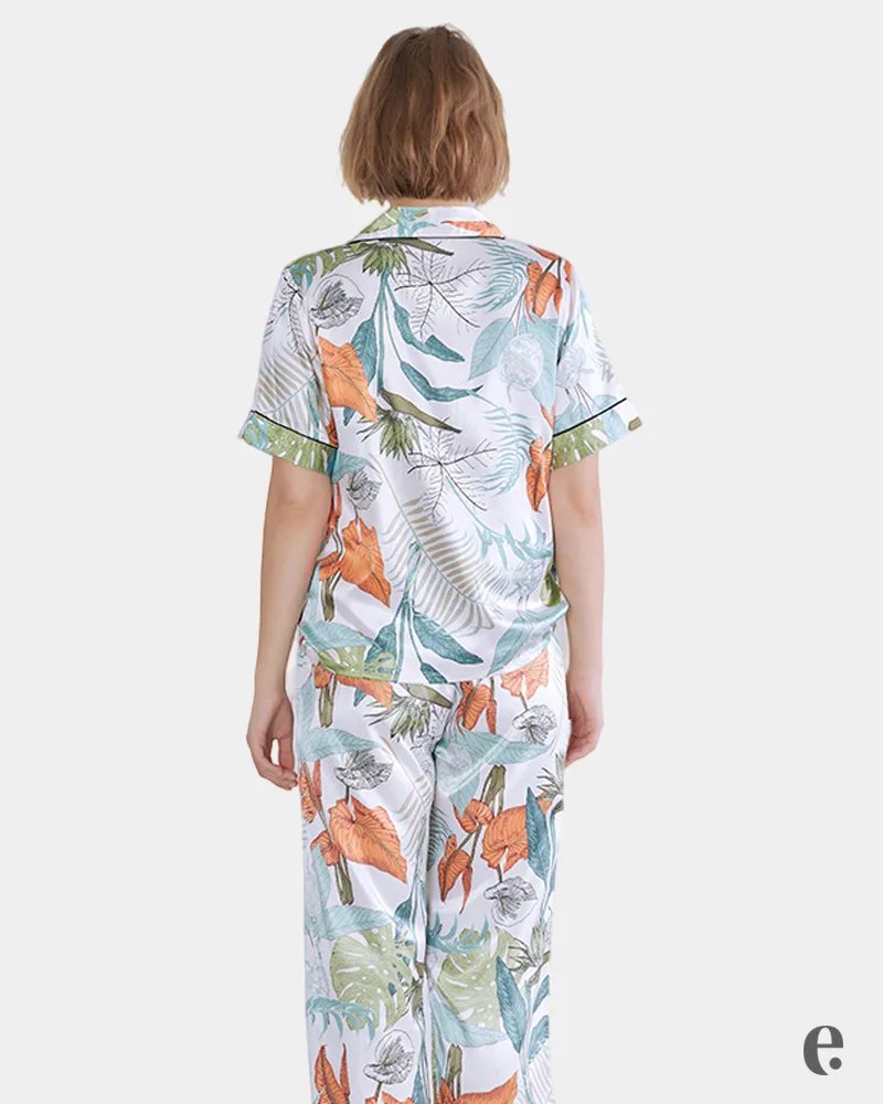 Printed Leaf Satin Pajama Set - Image 3