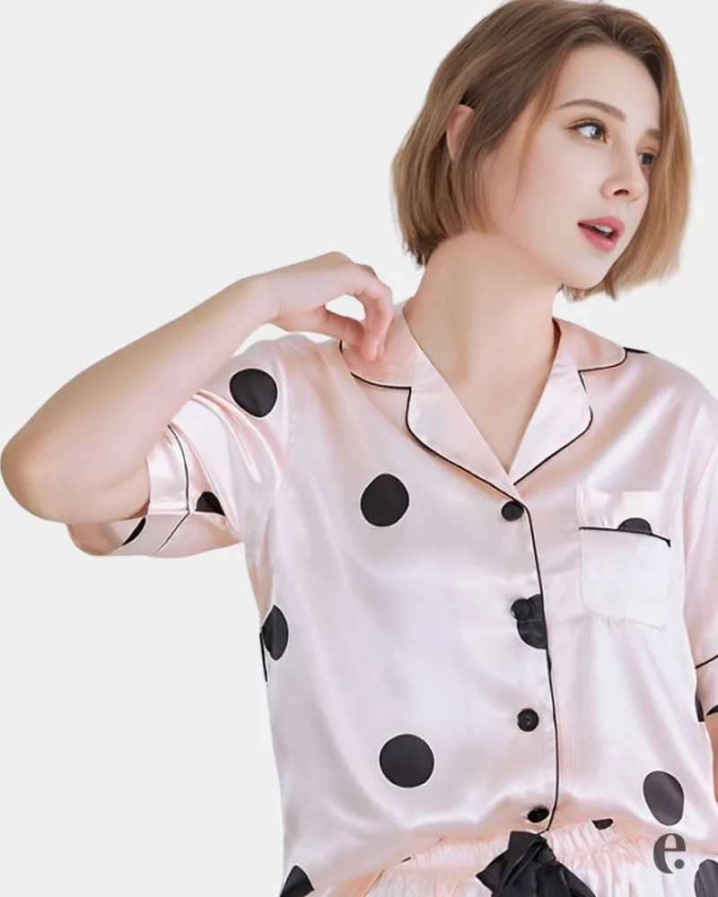 Polka Dot Pink Satin Pajama Set - Image 3