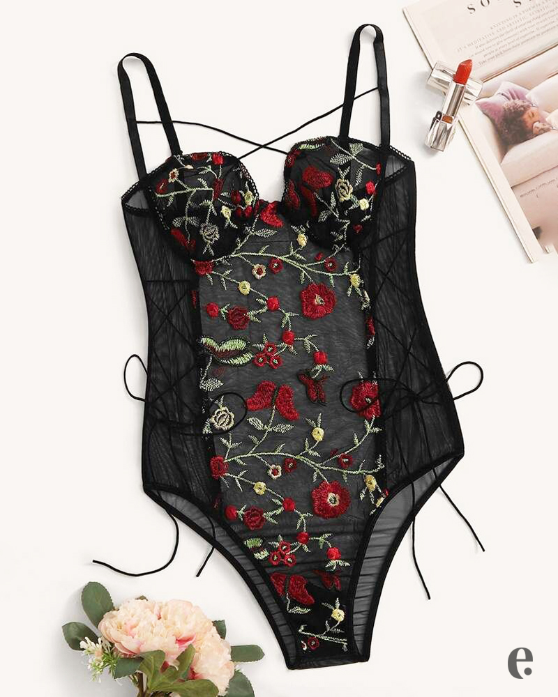 Floral Embroidered Mesh Cupped Black Lingerie, Bodysuits