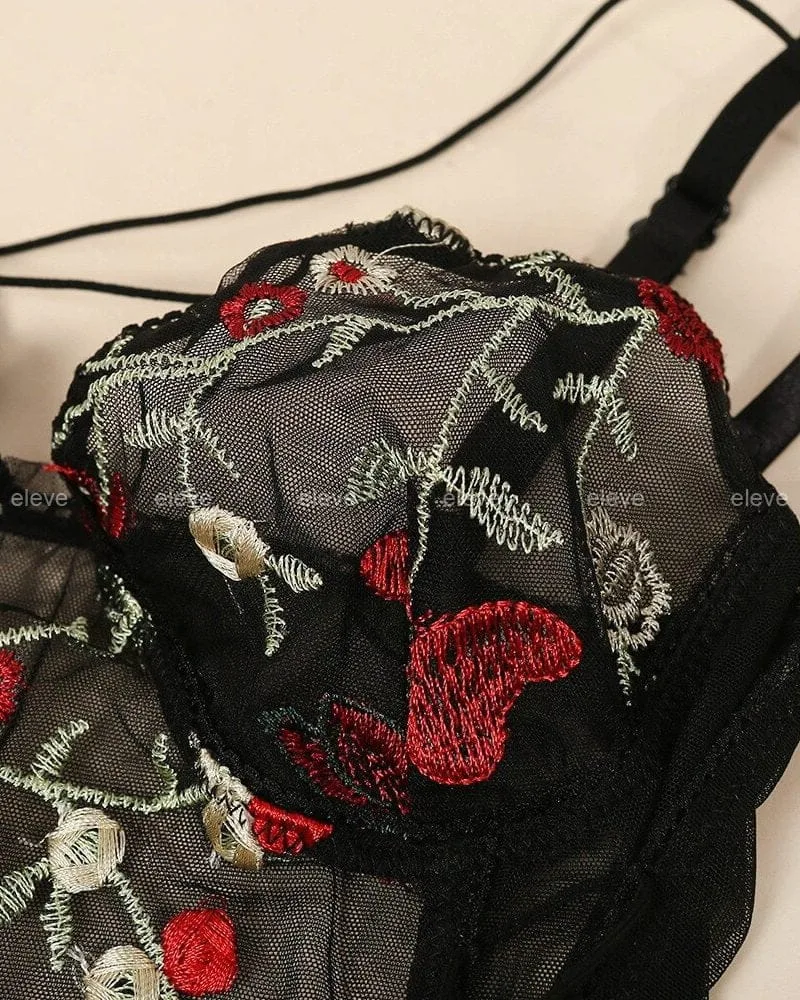 Floral Embroidered Mesh Cupped Black Lingerie, Bodysuits - Image 4