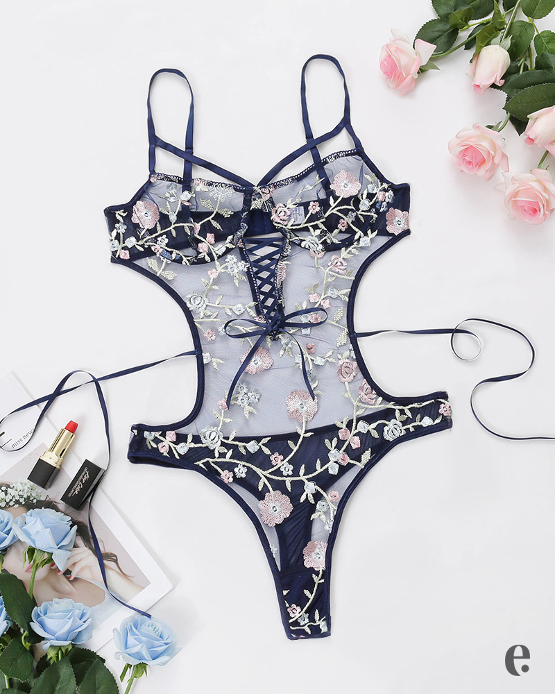 Leaf Embroidered Lace Blue Bodysuits Crochet Lingerie