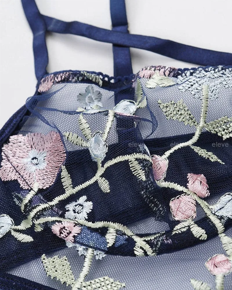 Leaf Embroidered Lace Blue Bodysuits Crochet Lingerie - Image 4