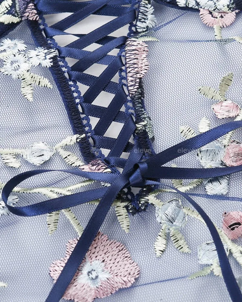 Leaf Embroidered Lace Blue Bodysuits Crochet Lingerie - Image 5