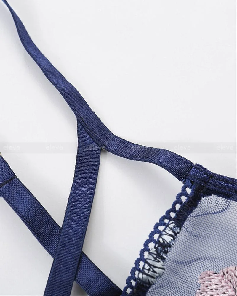 Leaf Embroidered Lace Blue Bodysuits Crochet Lingerie - Image 6