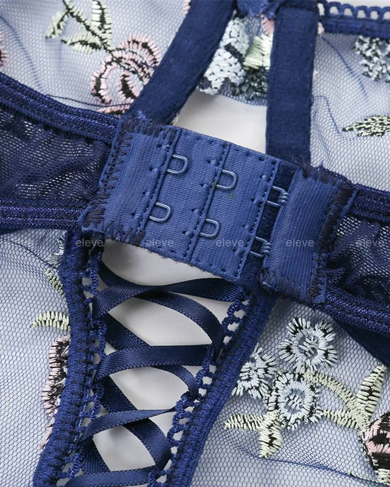 Leaf Embroidered Lace Blue Bodysuits Crochet Lingerie - Image 7