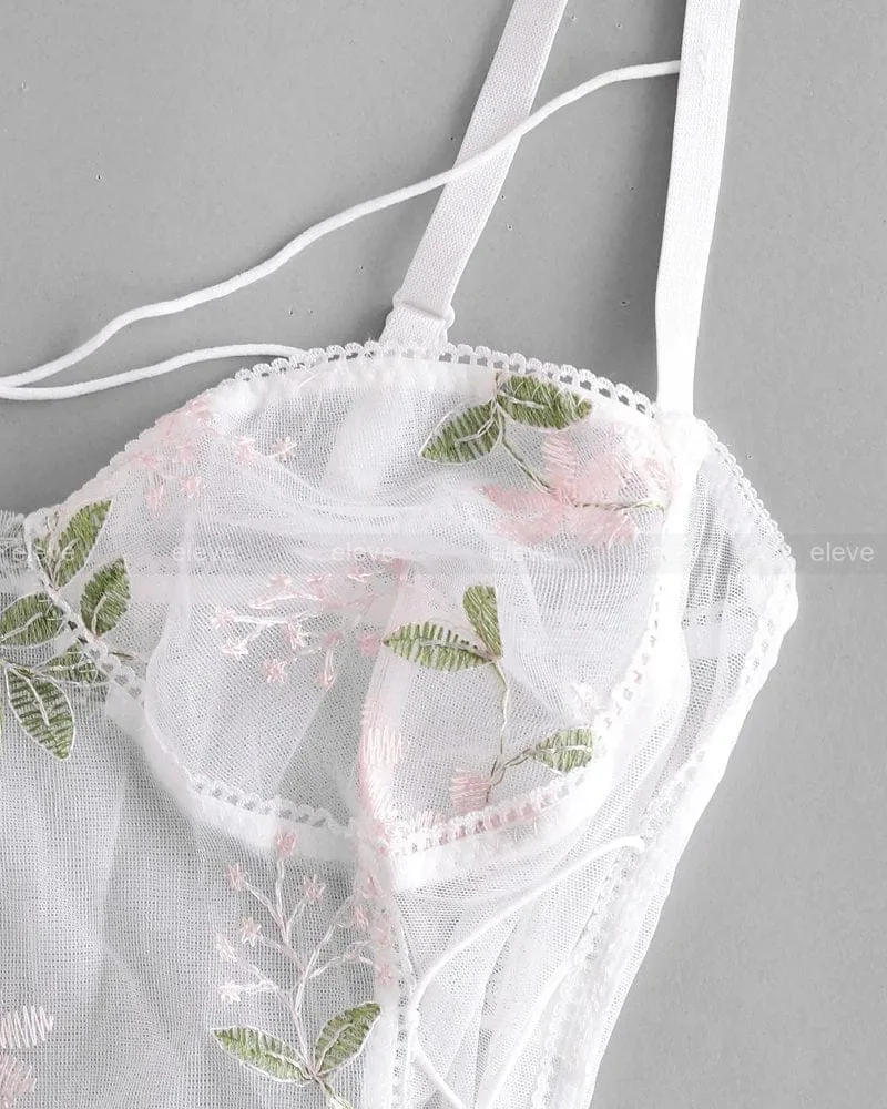 Leaf Embroidered Mesh Cupped White Lingerie Bodysuits - Image 4