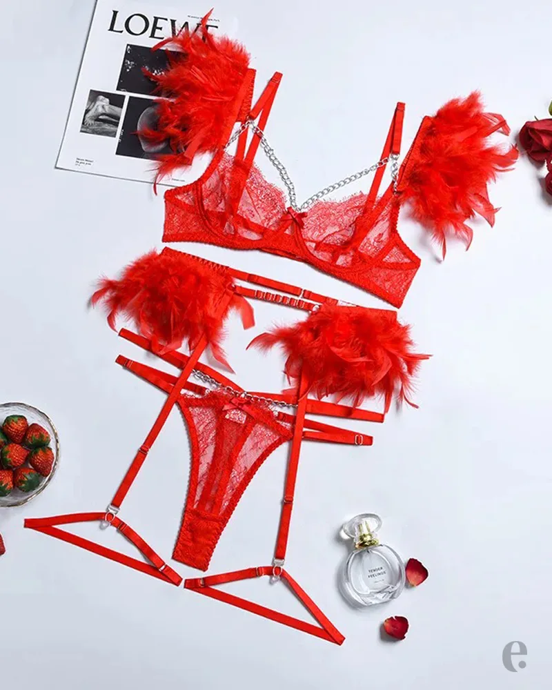Red Feather Lace lingerie With Craft Chain