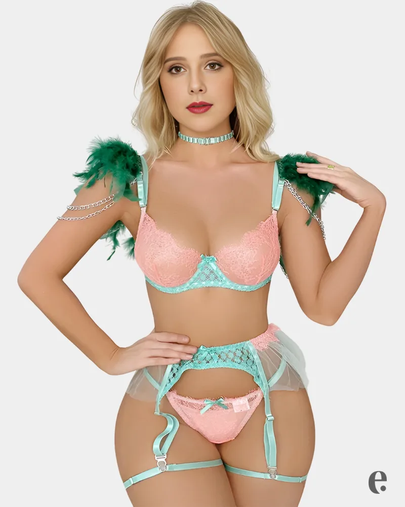 Floral Lace Feather Lingerie Set With Garter