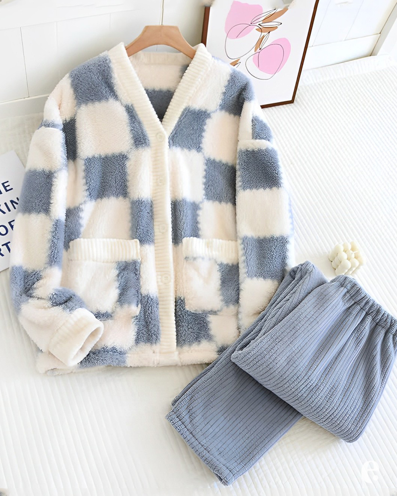 Blue Plaid Winter Warm Pajama Set