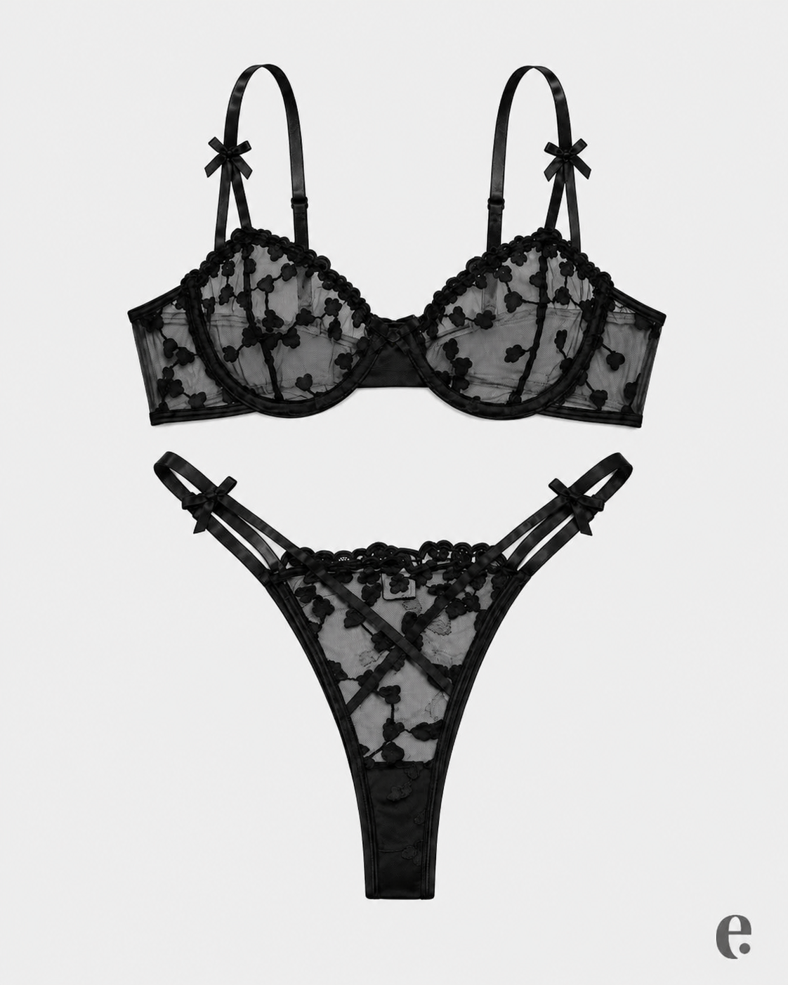 Heart Embroidered Mesh Bra & Thong Set