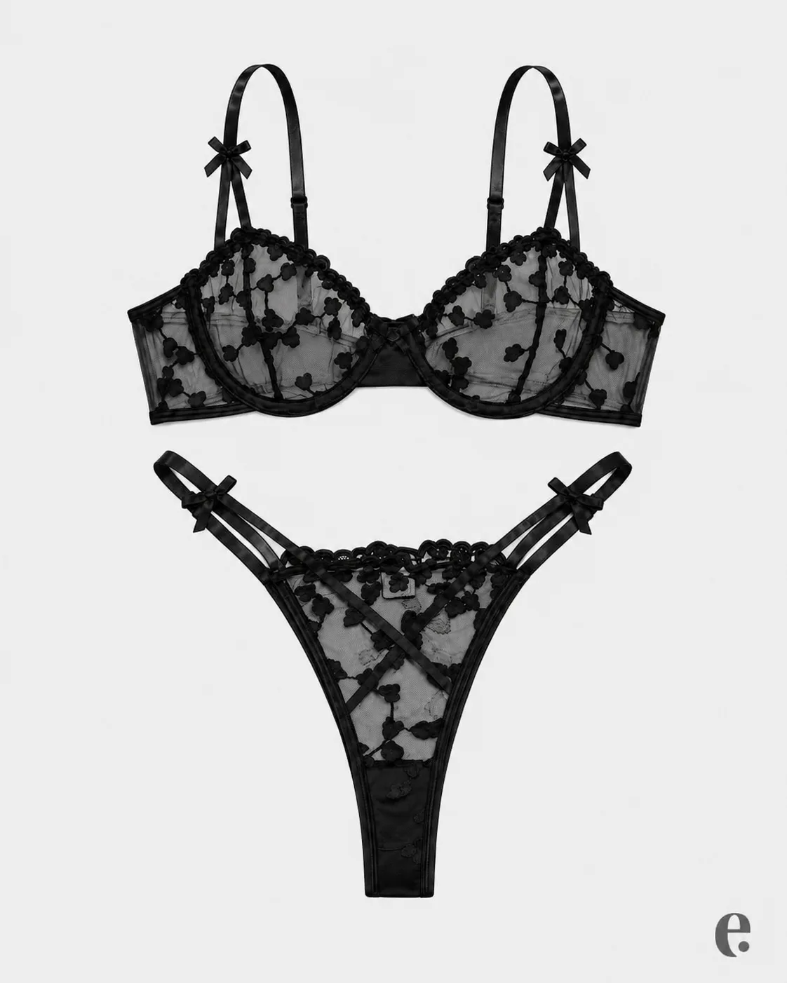 Heart Embroidered Mesh Bra & Thong Set