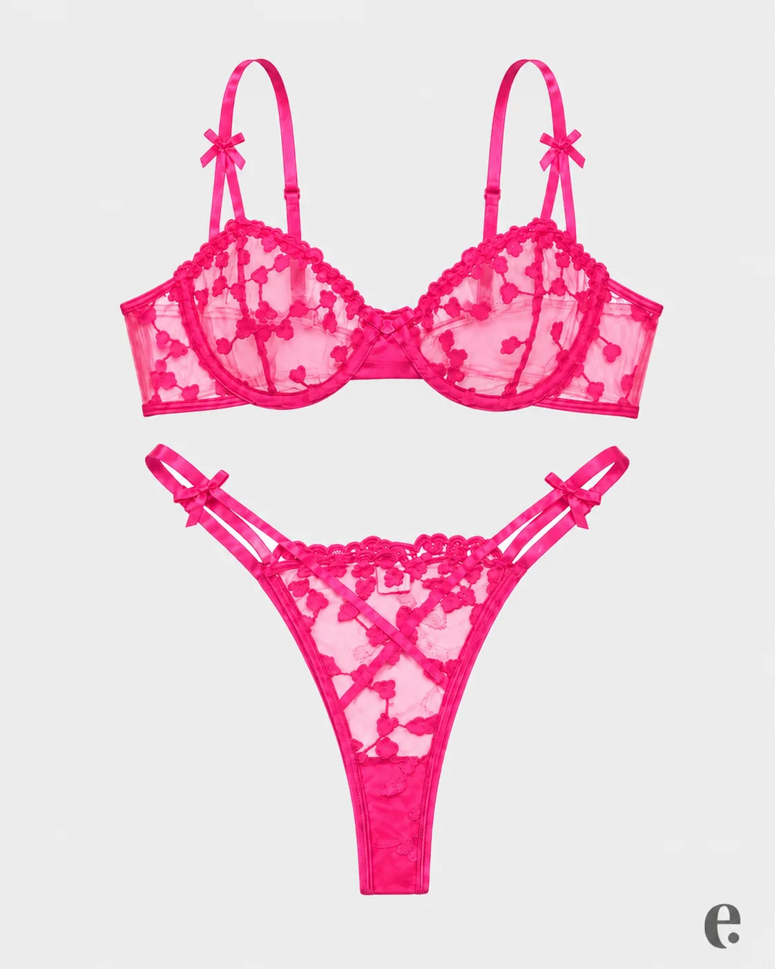 Heart Embroidered Mesh Bra & Thong Set