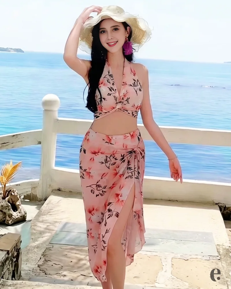 3 Pieces Floral Printed Halter Neck Swimsuit