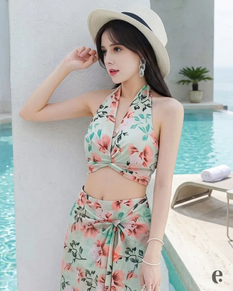 3 Pieces Floral Printed Halter Neck Swimsuit