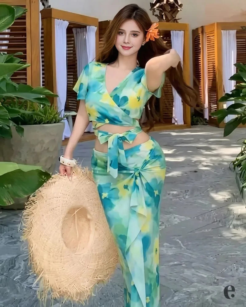 3 Pieces Floral Print Wrap Style Swimsuit