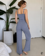 Solid Color Lace Trim Button Sleeveless Pajama Set - Image 3