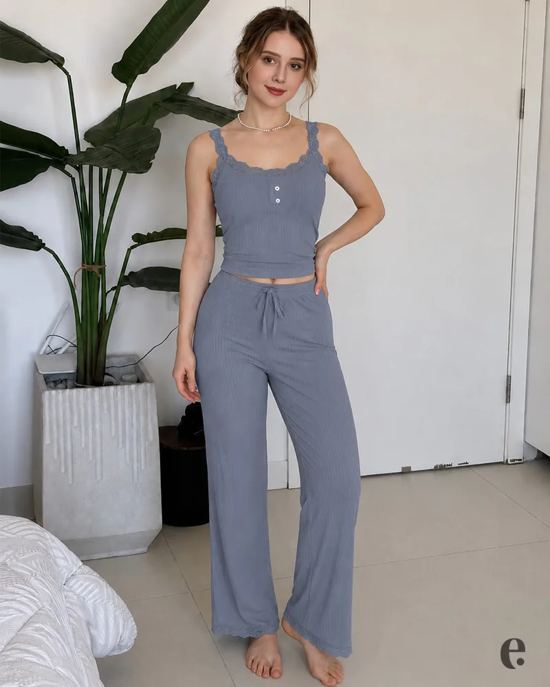 Solid Color Lace Trim Button Sleeveless Pajama Set