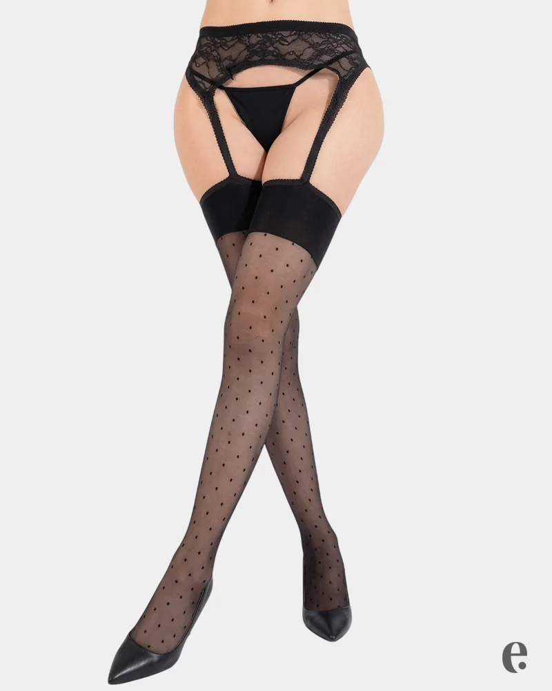Lace Garter Belt with Polka Dot Thigh High Stockings