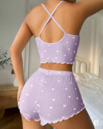 Heart Print Bow Decorated Cami Top And Shorts Pajama - Image 3