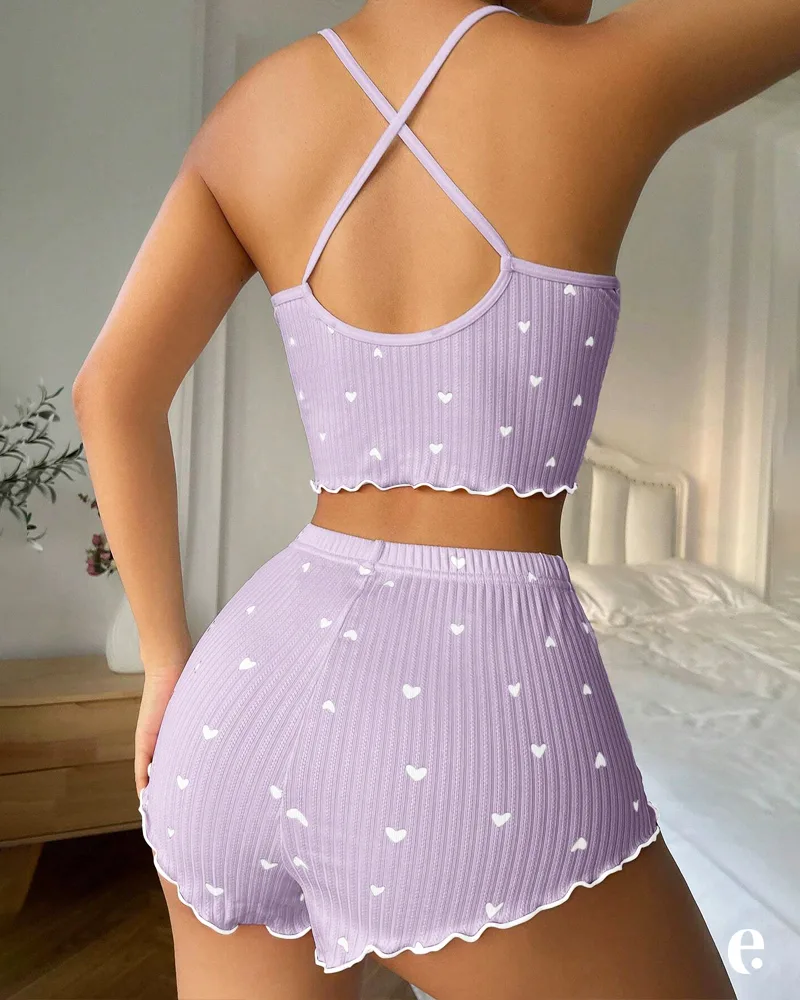 Heart Print Bow Decorated Cami Top And Shorts Pajama - Image 3